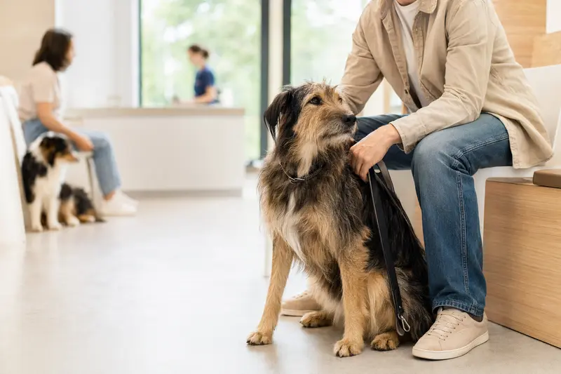 Ein Longdog sitzt ruhig neben seinem Besitzer im hellen Wartezimmer einer modernen Tierarztpraxis.